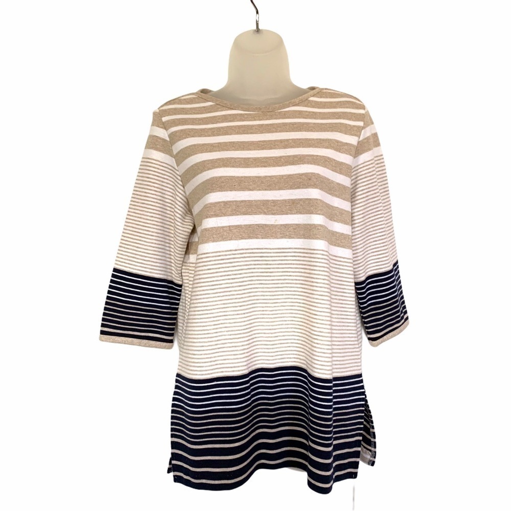 PERIPHERY Boat neck striped tan, black white blouse size med